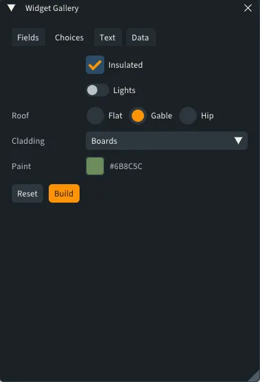 The Choices tab: a checkbox, a toggle, a radio group, a dropdown, a color field and two buttons.