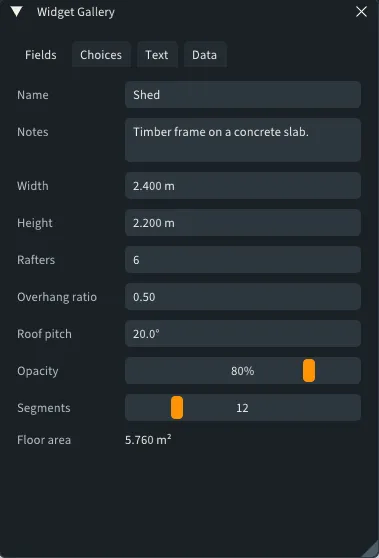 The Fields tab: text fields, length, number and angle fields, two sliders and a read-only value.