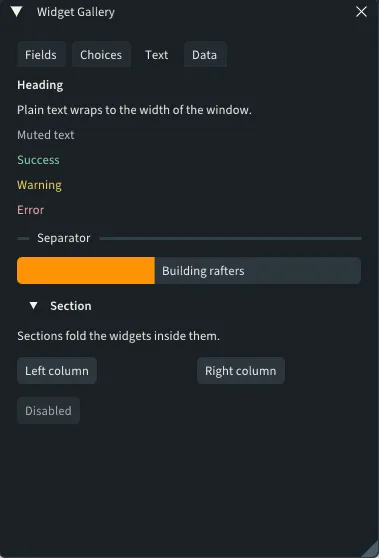 The Text tab: a heading, text in each tone, a separator, a progress bar, a section, two columns and a disabled button.