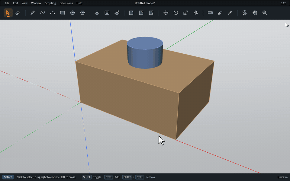 A cylinder is marked as the modifier, then Subtract cuts it out of the tabletop, leaving a round hole.